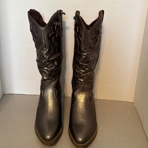 Girls Metallic Bronze Flower Boots Side Zip Block Heel Western Style Size 5